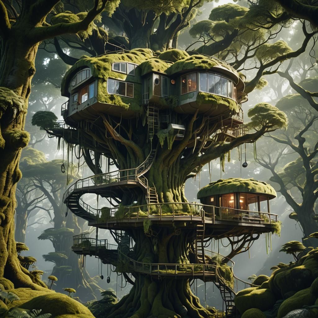 Futuristic Treehouse in Lush Forest, 3D Render