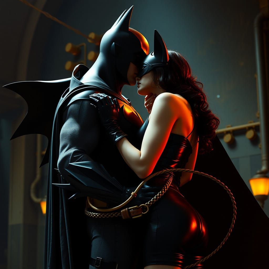 Batman and Catwoman in a Passionate Kiss, Dark and Moody in...