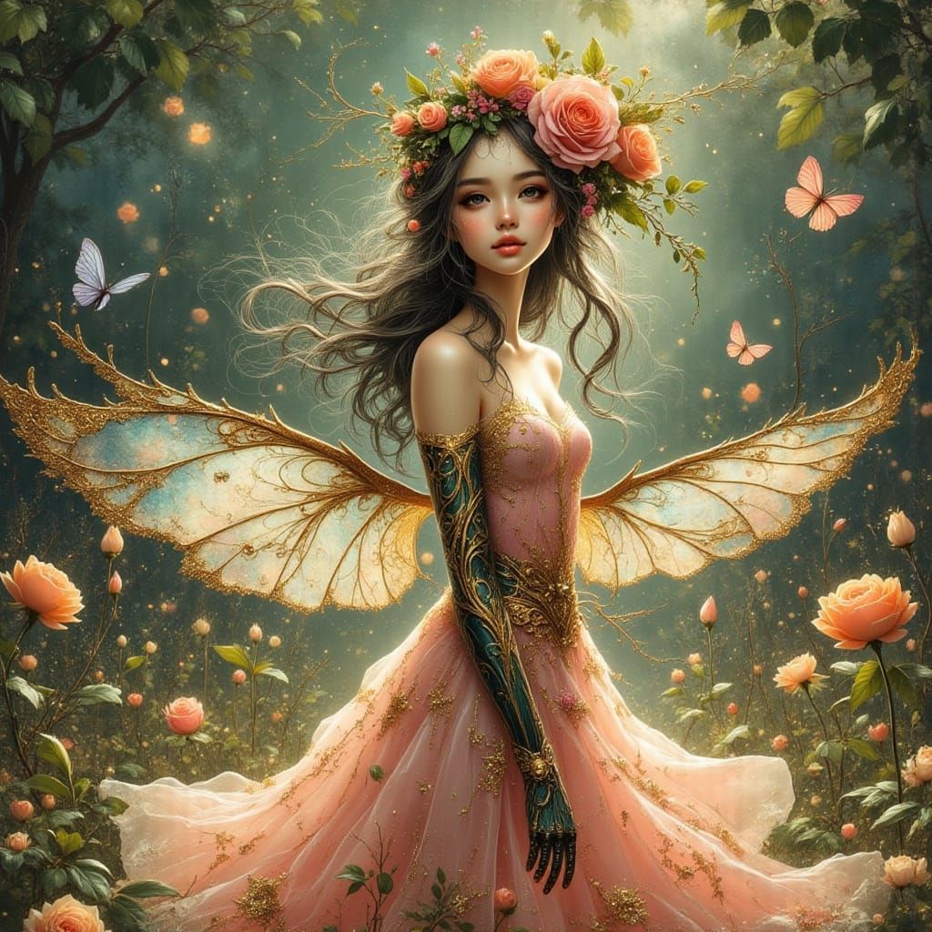 Nymph Cyborg Robot in Whimsical Floral Anime Style