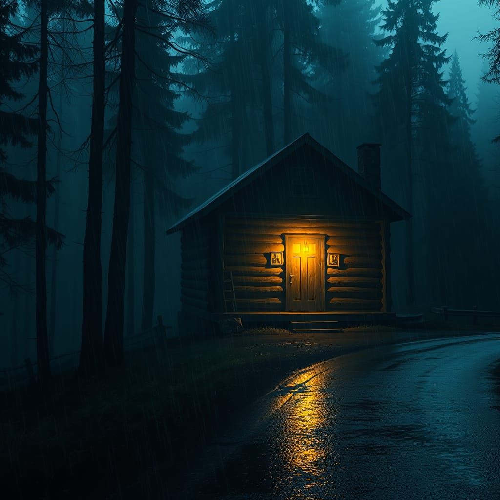 Eerie Cabin in Rainy Pine Forest, Cinematic Digital Art