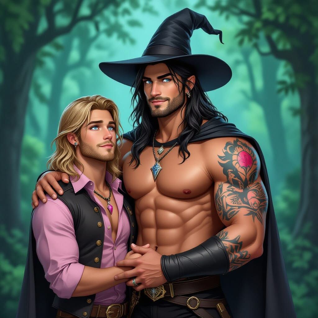 Muscular Male Witch and Friend in Magic Forest