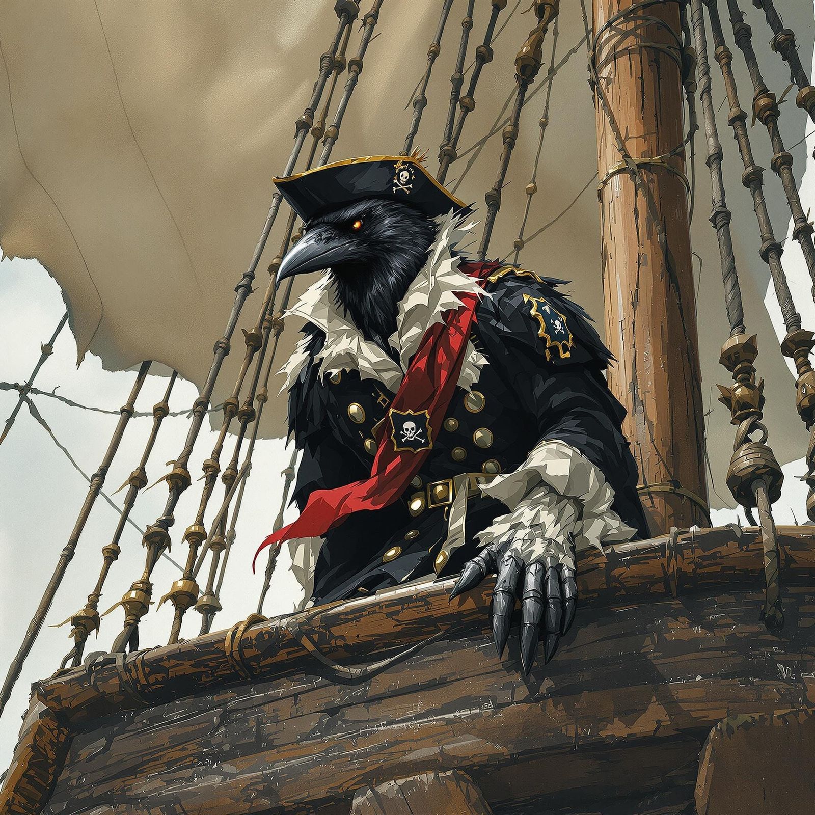 Majestic Crow Pirate in Weathered Pirate Ship