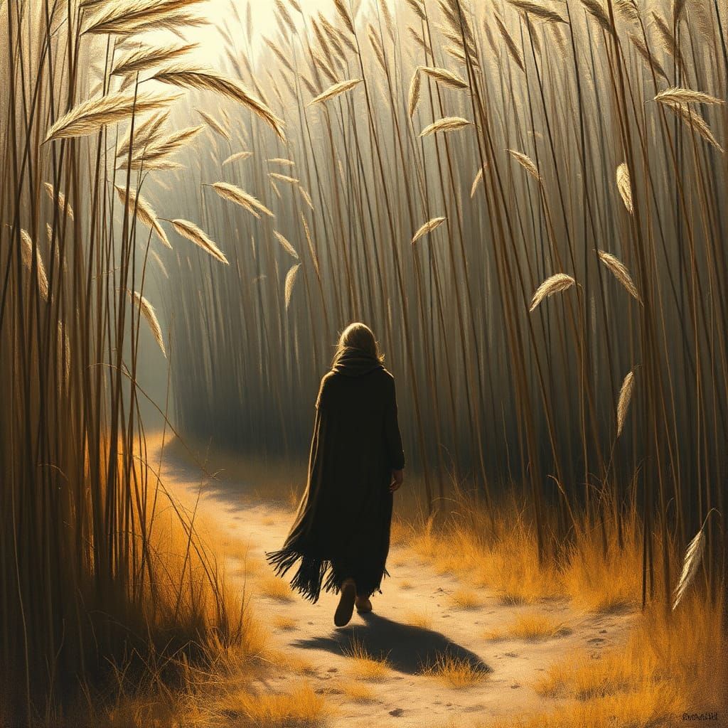 Windy Reed Forest Figure in Impressionist Style