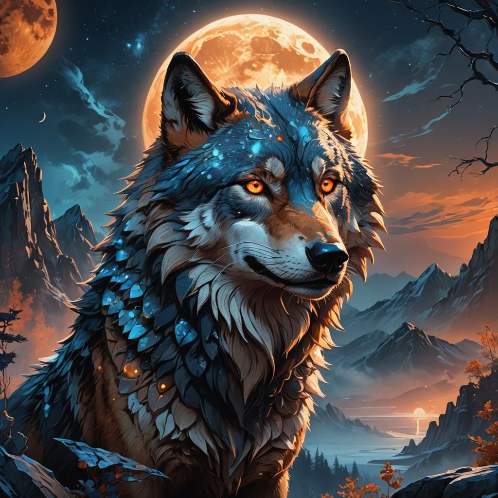 Wolf Head with Moon Landscape: Fantasy Concept Art