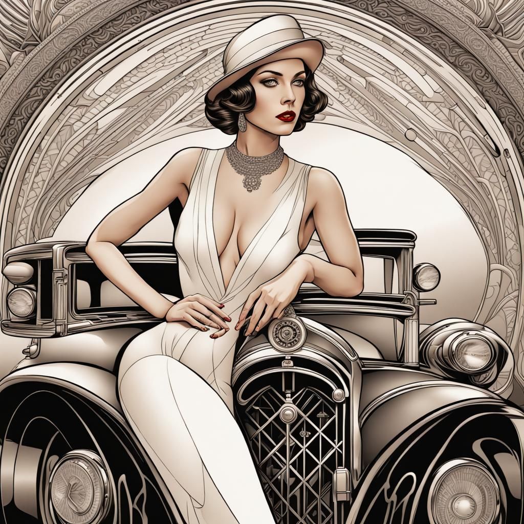 Elegant Art Deco Woman with Car