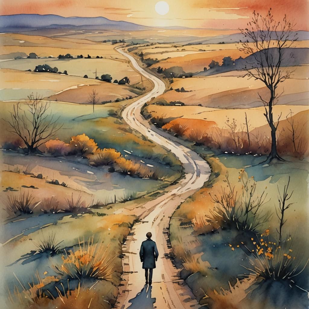 Nostalgic Figure at Crossroads in Watercolor Style