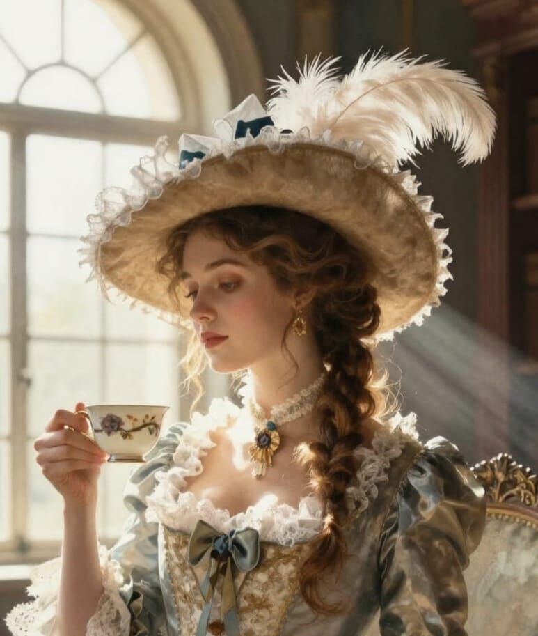 Rococo Woman in Sunlit Library with Teacup