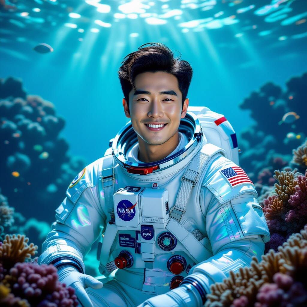 Fashionable Korean Astronaut Poses in Alien Coral Reef