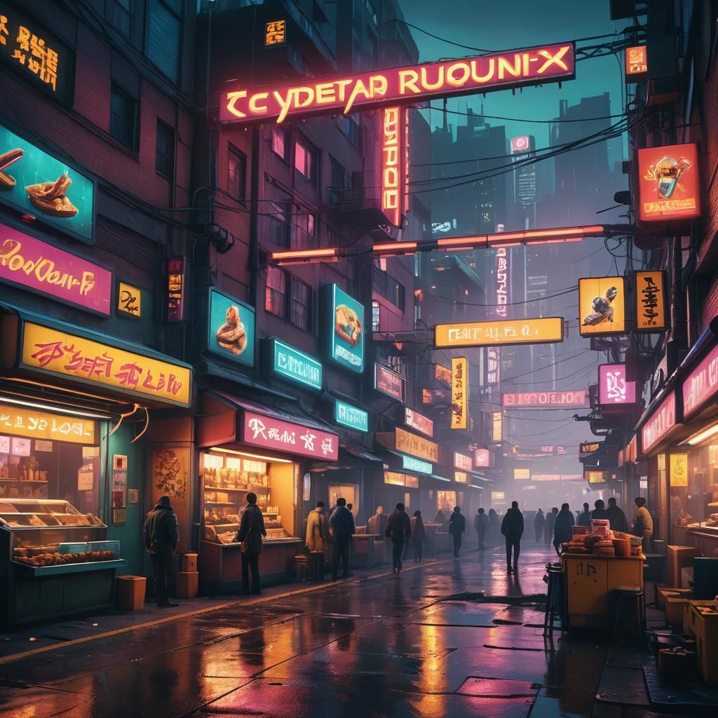 Cyberpunk Poutine Vendor in Neon Cityscape