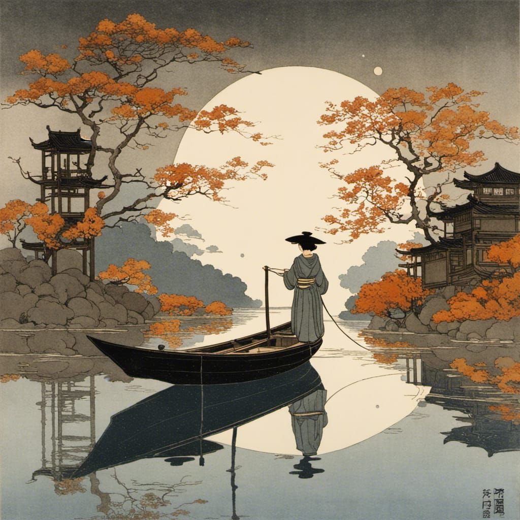 Woman and Cat on Boat in Chinese Painting Style