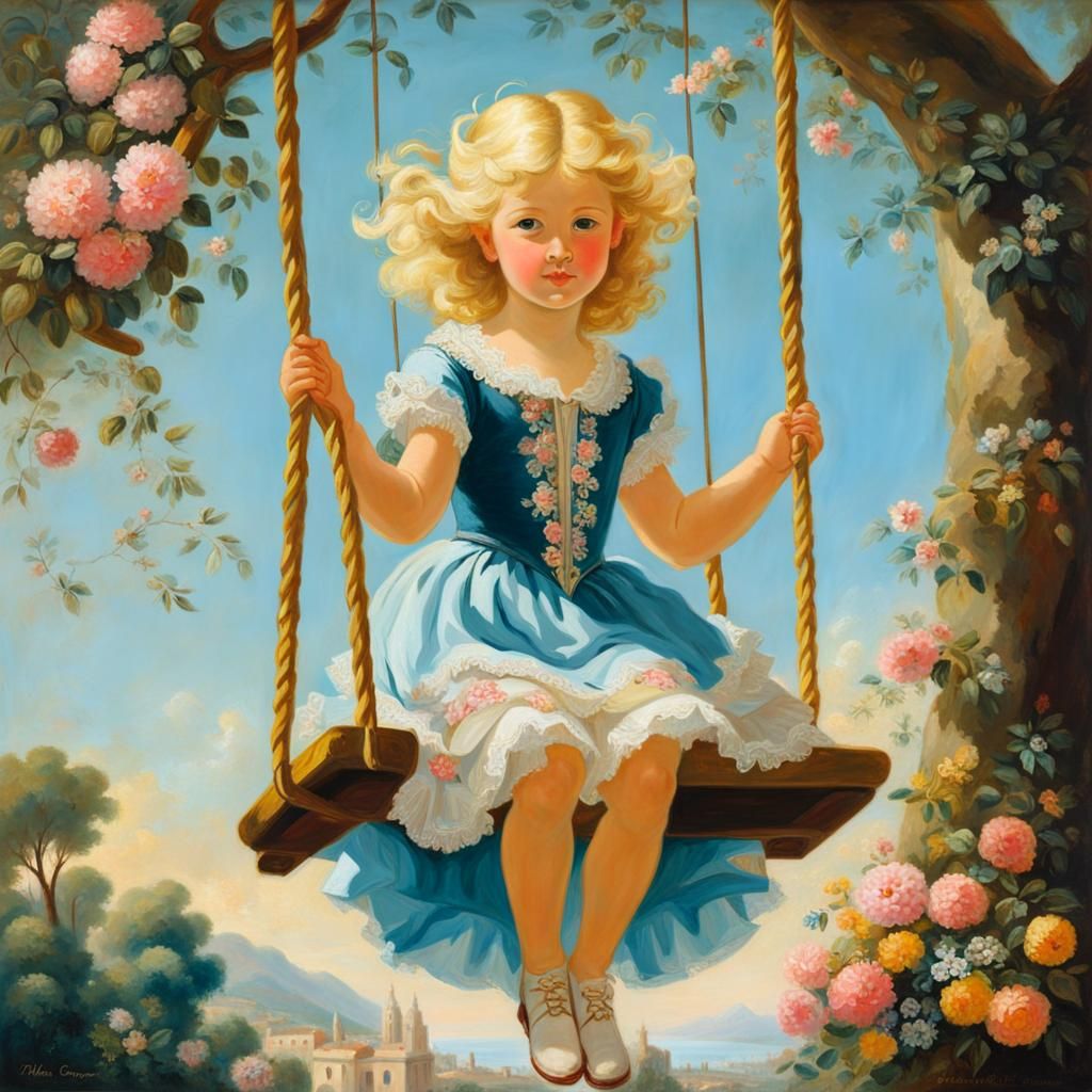 Girl on Swing: Rococo Painting in Lush Garden