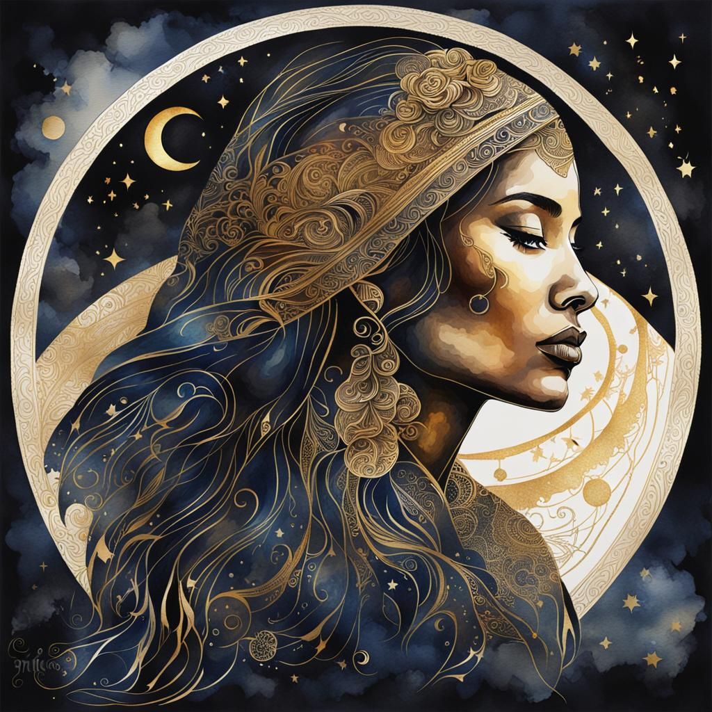 Woman During Solar Eclipse in Dark Watercolor