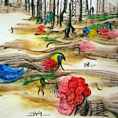 Surreal Forest with Exotic Birds in Van Gogh Style