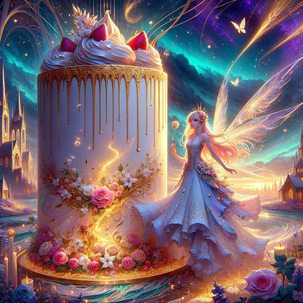 Archangel's Daughter in Fairy Village with Golden Cake
