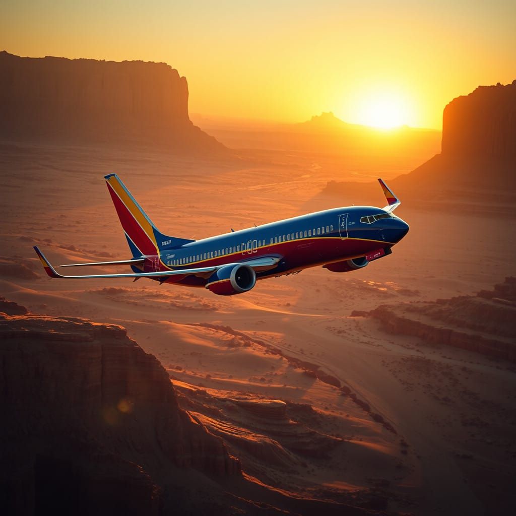 Southwest Airlines Boeing 737 Soars Over Desert Landscape in...