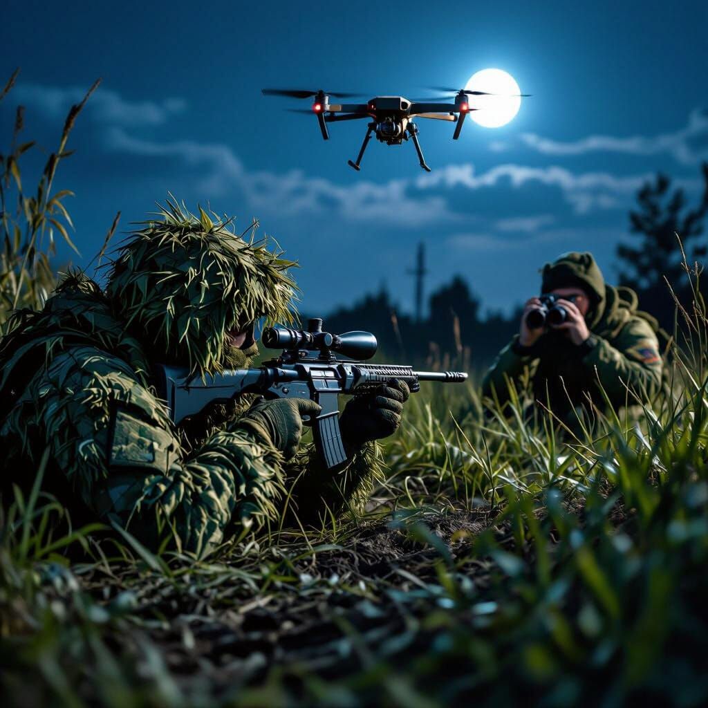 Soldier Aims Sniper Rifle at Drone in Dramatic Moonlight