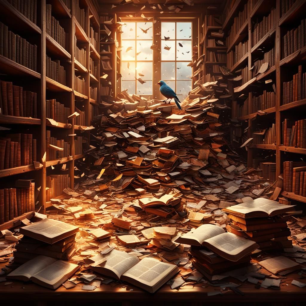 Dramatic Bookshelf Collapse in Digital Oil Painting