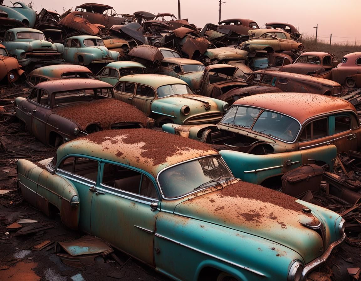 Iridescent Rain Over a 1950s Junkyard