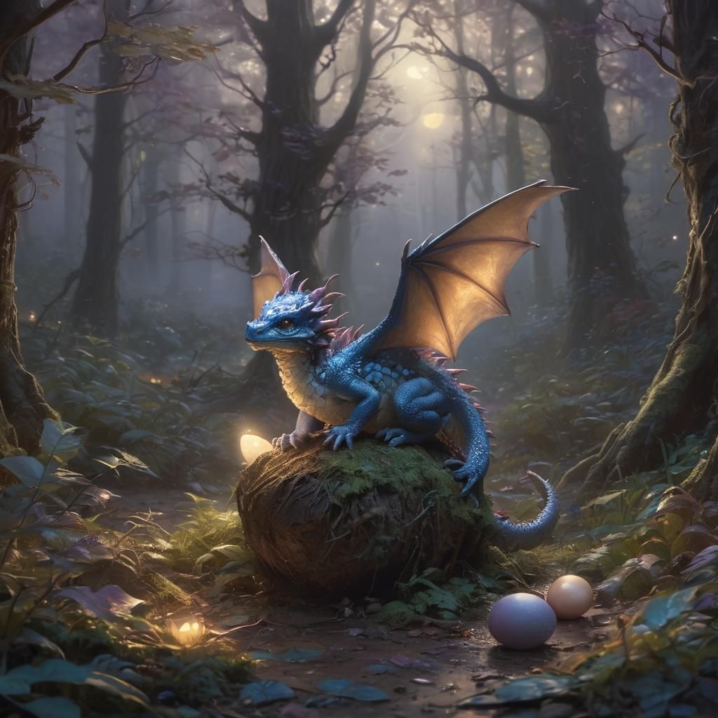 Baby Dragon Hatching in Moonlit Forest