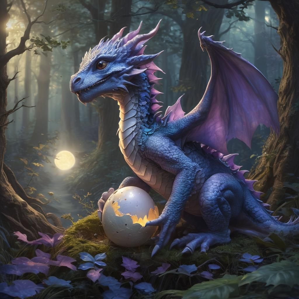 Moonlit Dragon Hatching in Mystical Forest