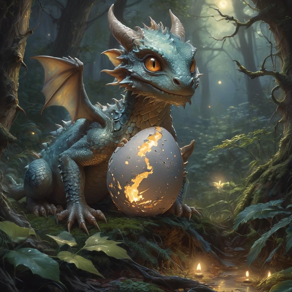 Baby Dragon Hatching in Moonlit Forest: Ethereal Oil Paintin...