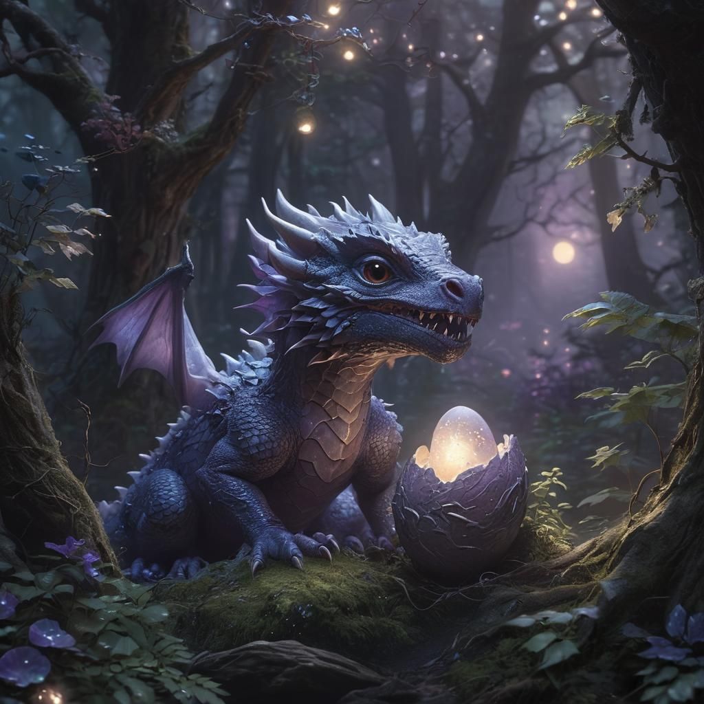 Baby Dragon Hatching in Moonlit Forest, Kinkade Style