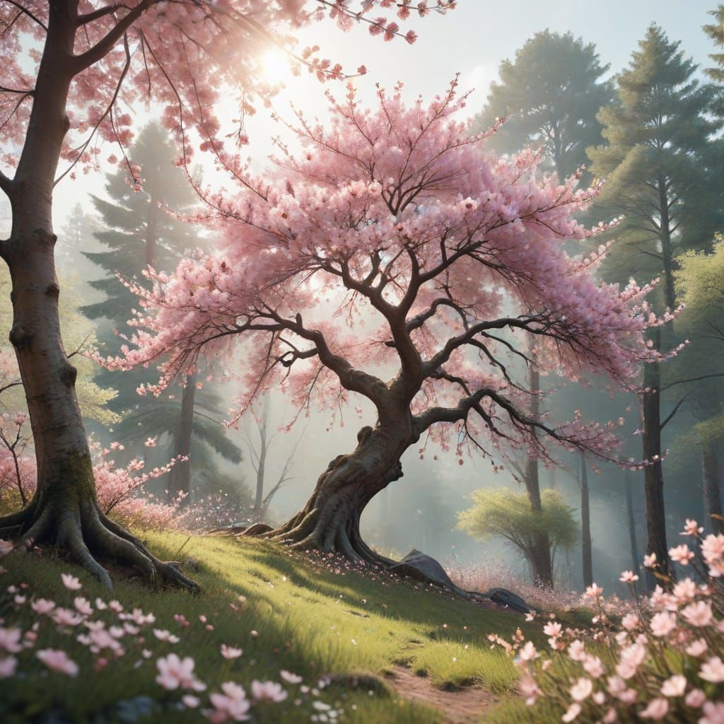 Surreal Cherry Blossom Tree in Vibrant Watercolor Style