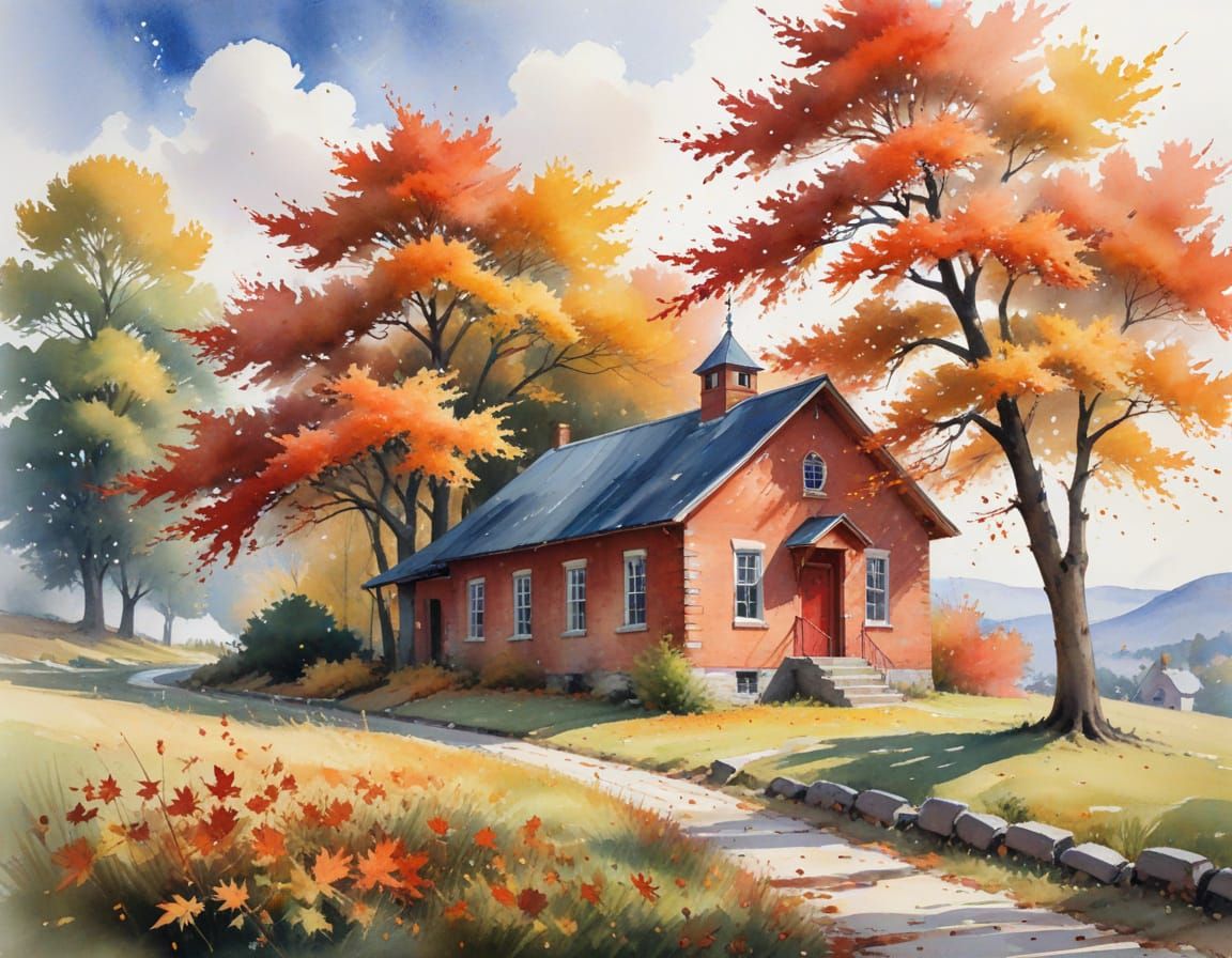 Autumnal Watercolor Hillside with Schoolhouse