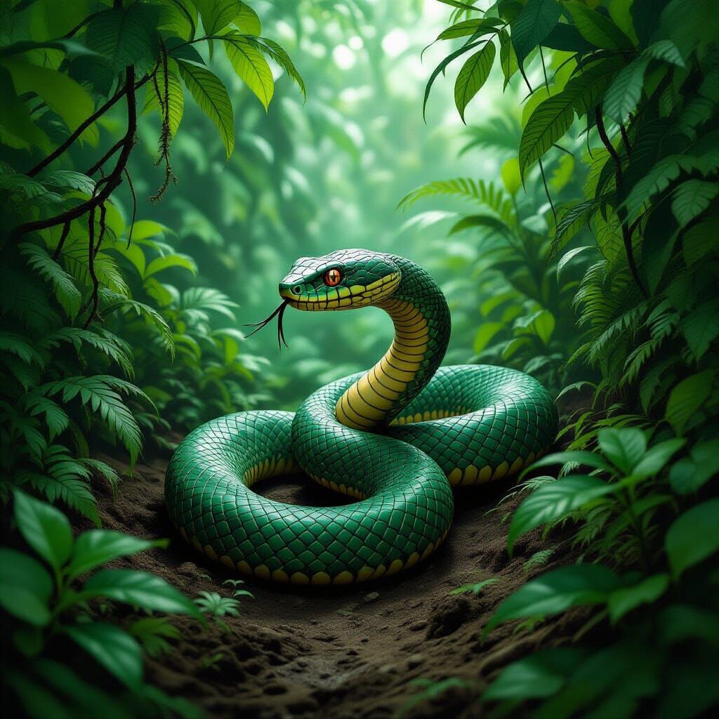 Camouflaged Snake Slithering Through Emerald Jungle