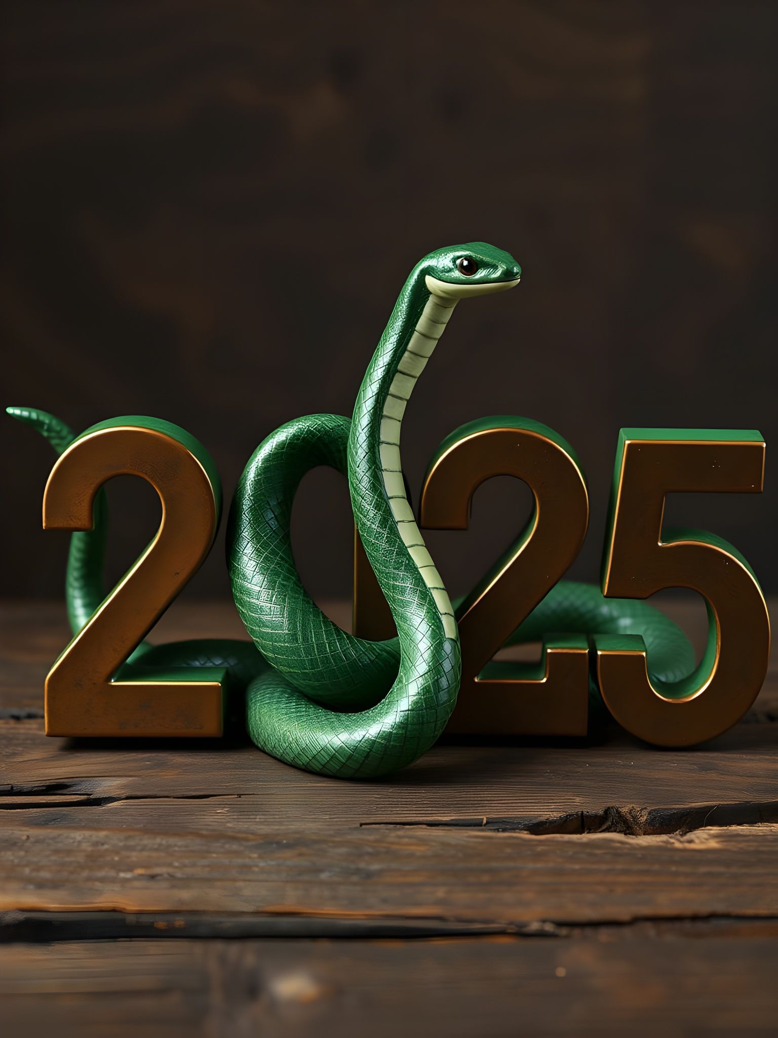 Green Snake Entwines Rustic Wooden Floor with Faded Metal Nu...