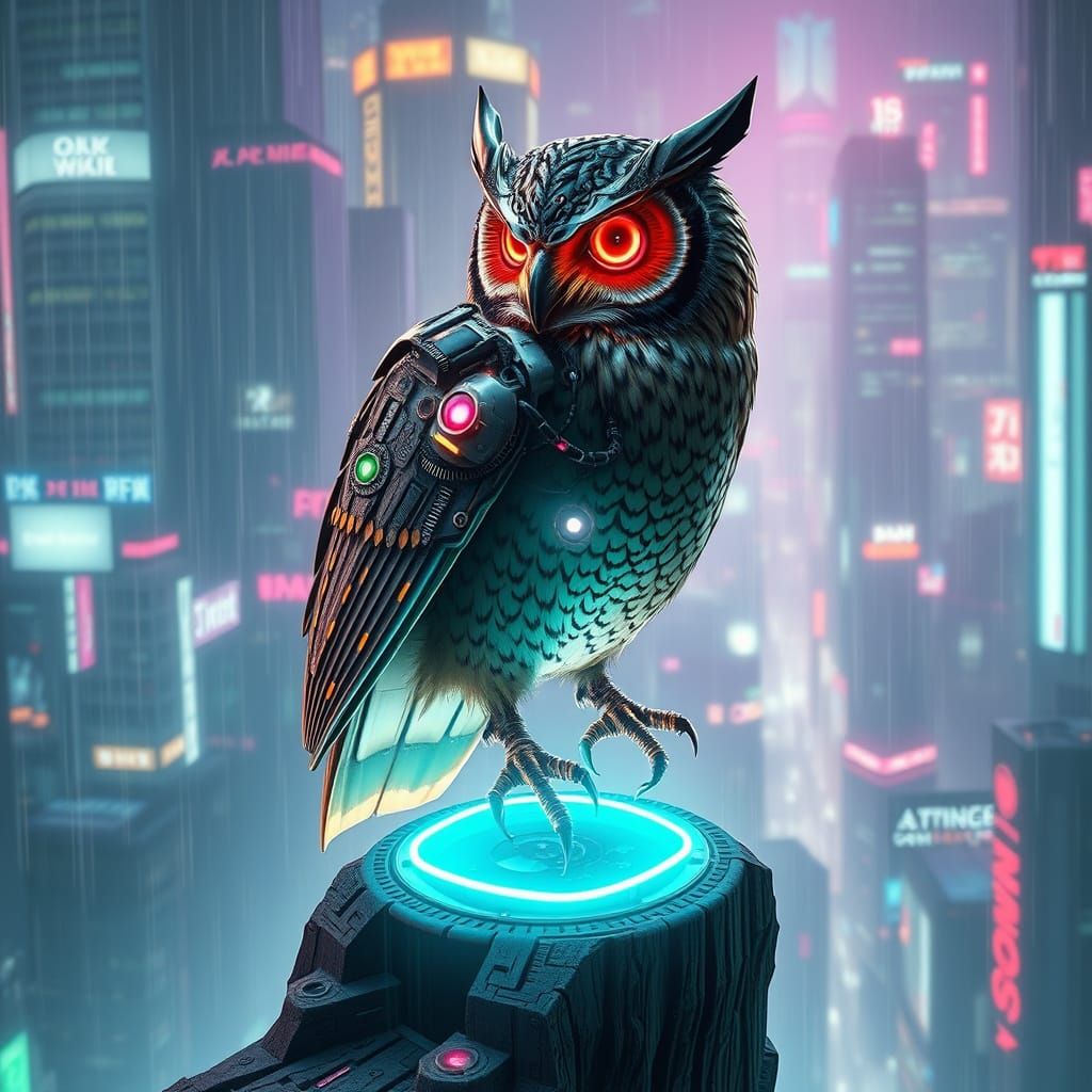 Cyberpunk Biomechanical Owl on Data Cliff