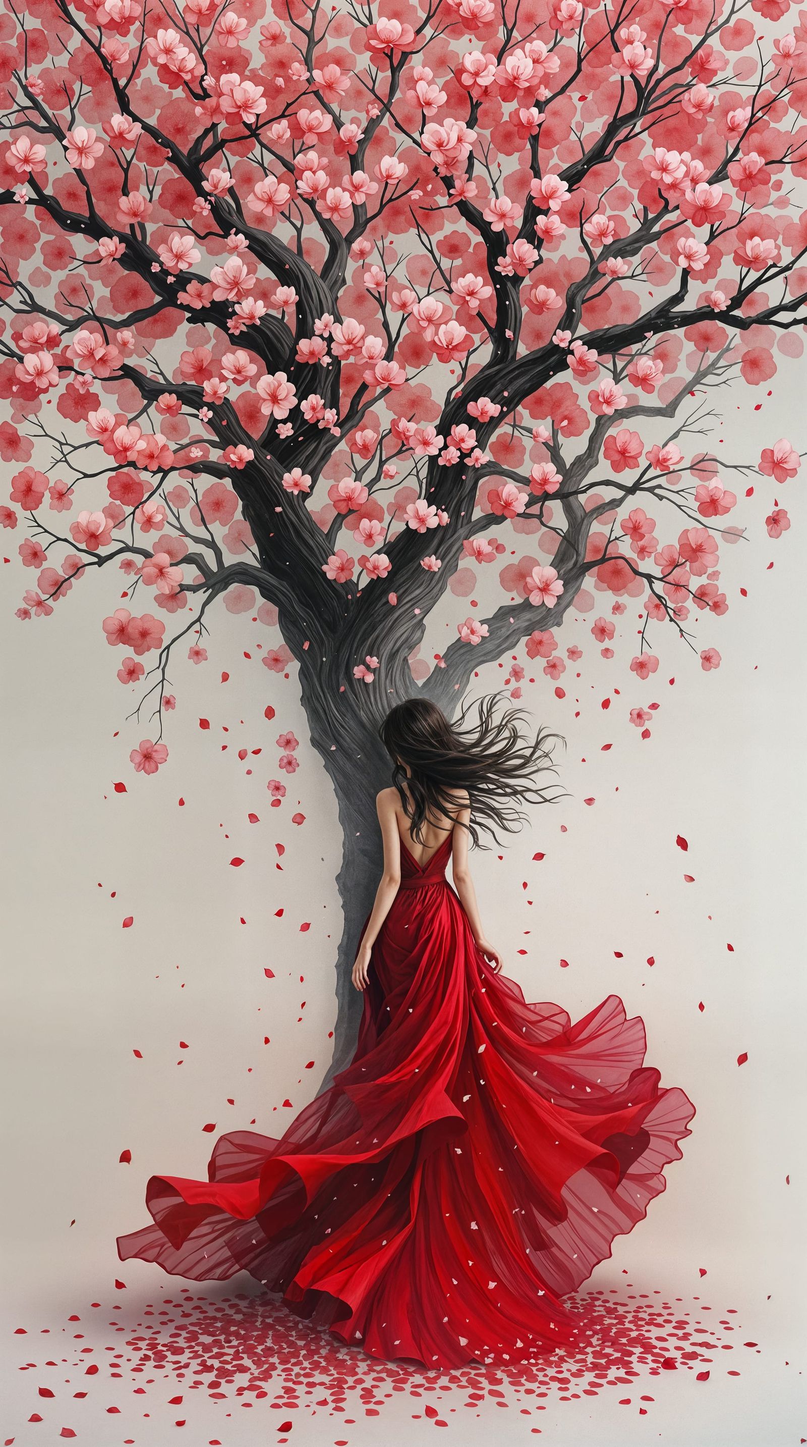 Ethereal Woman Amidst Cherry Blossom Paradise