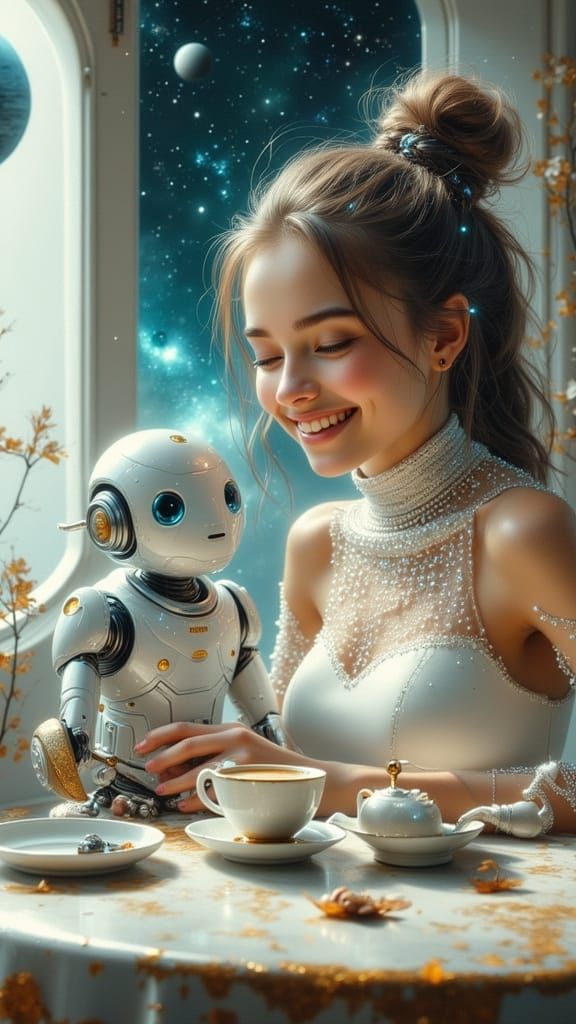 Futuristic Sci-Fi Girl with Robot Companion in Space Cafe