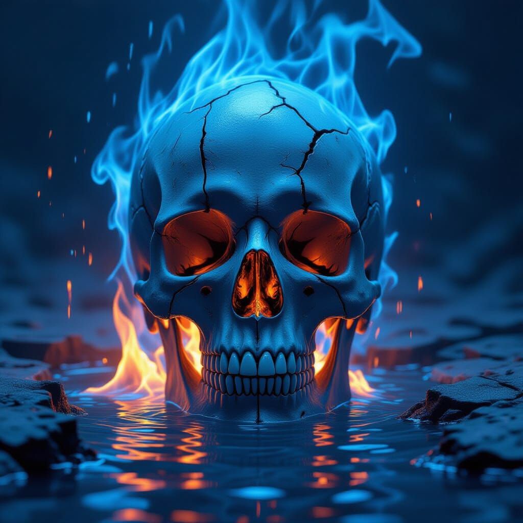 Skull in Blue Flames with Cascading Water