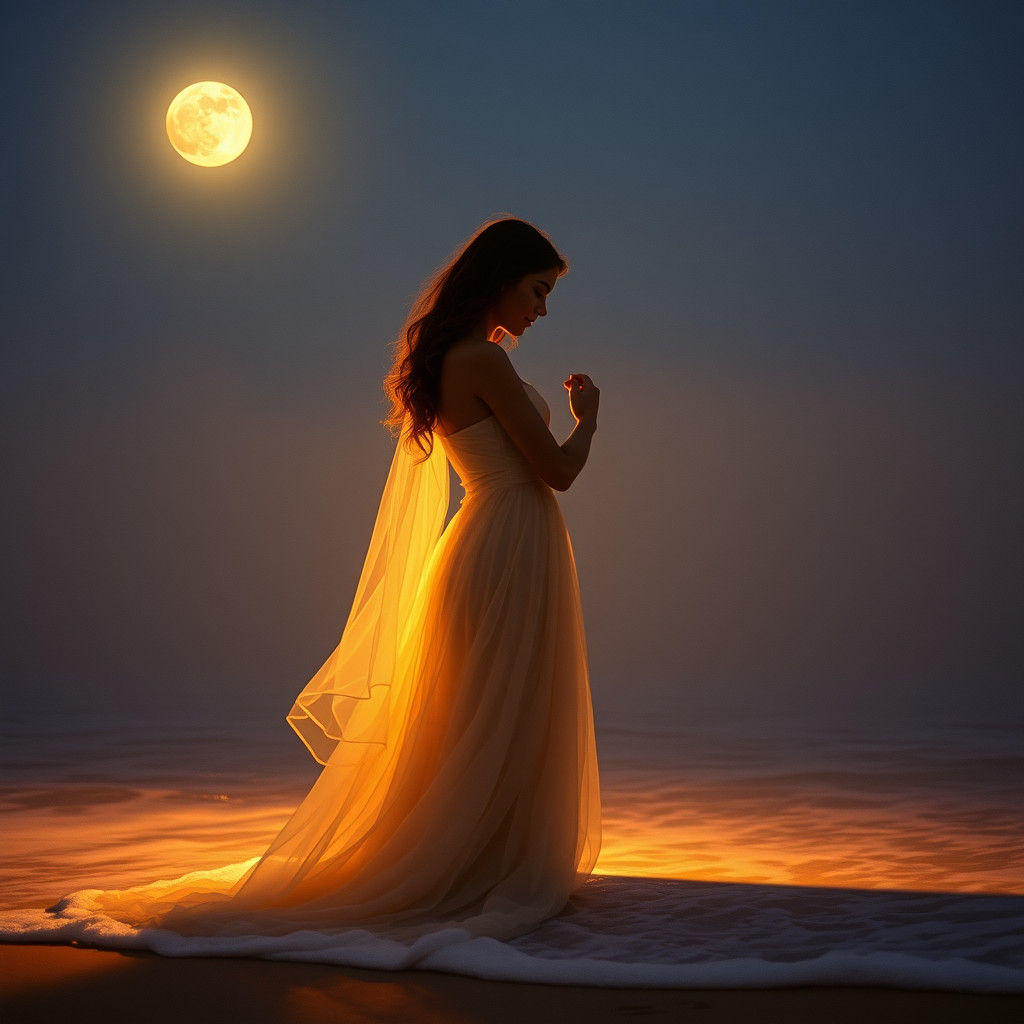Moonlit Embrace on a Misty Beach: A Cinematic Still