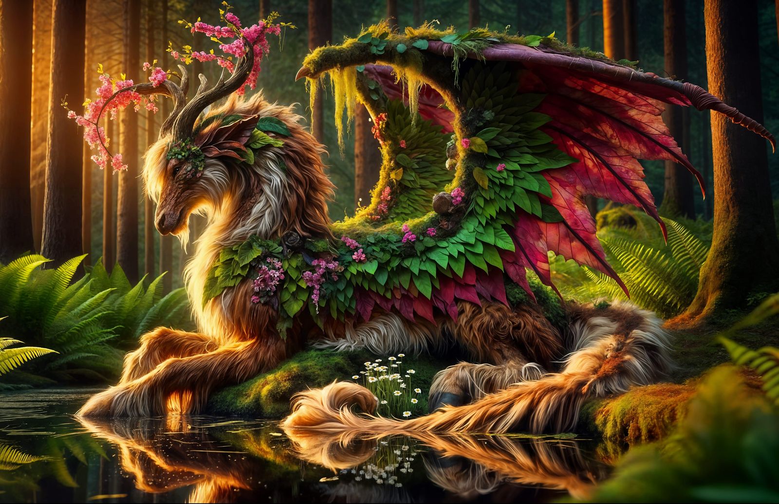 Mystical Deer-Dragon Hybrid Gazing into Pond