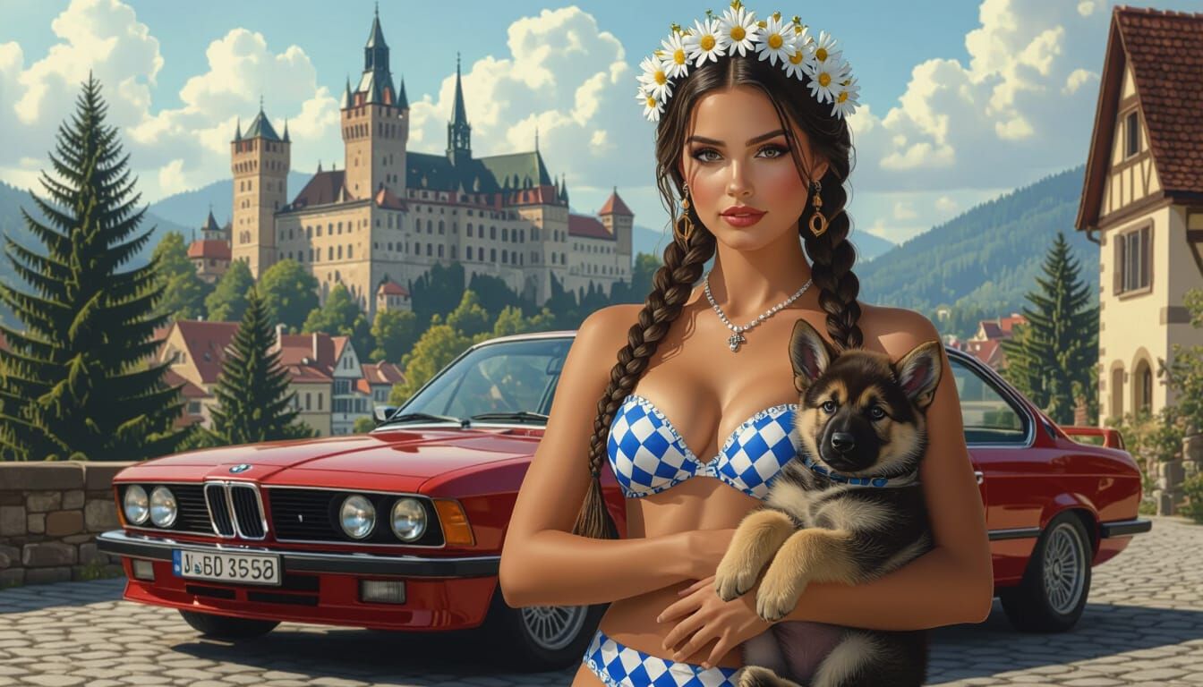 Woman in Edelweiss Bikini with BMW & Puppy