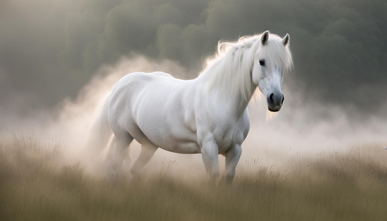 White Horse Made of Mist Running Through Grass