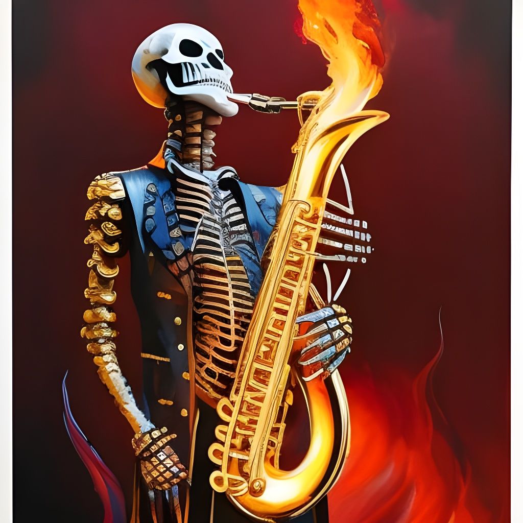 Flaming Skeleton Saxophonist in Gouache Style