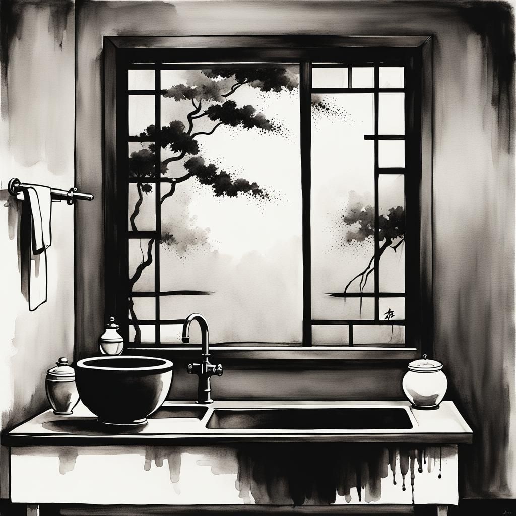 Ink Wash Painting of a Modern Sink Room