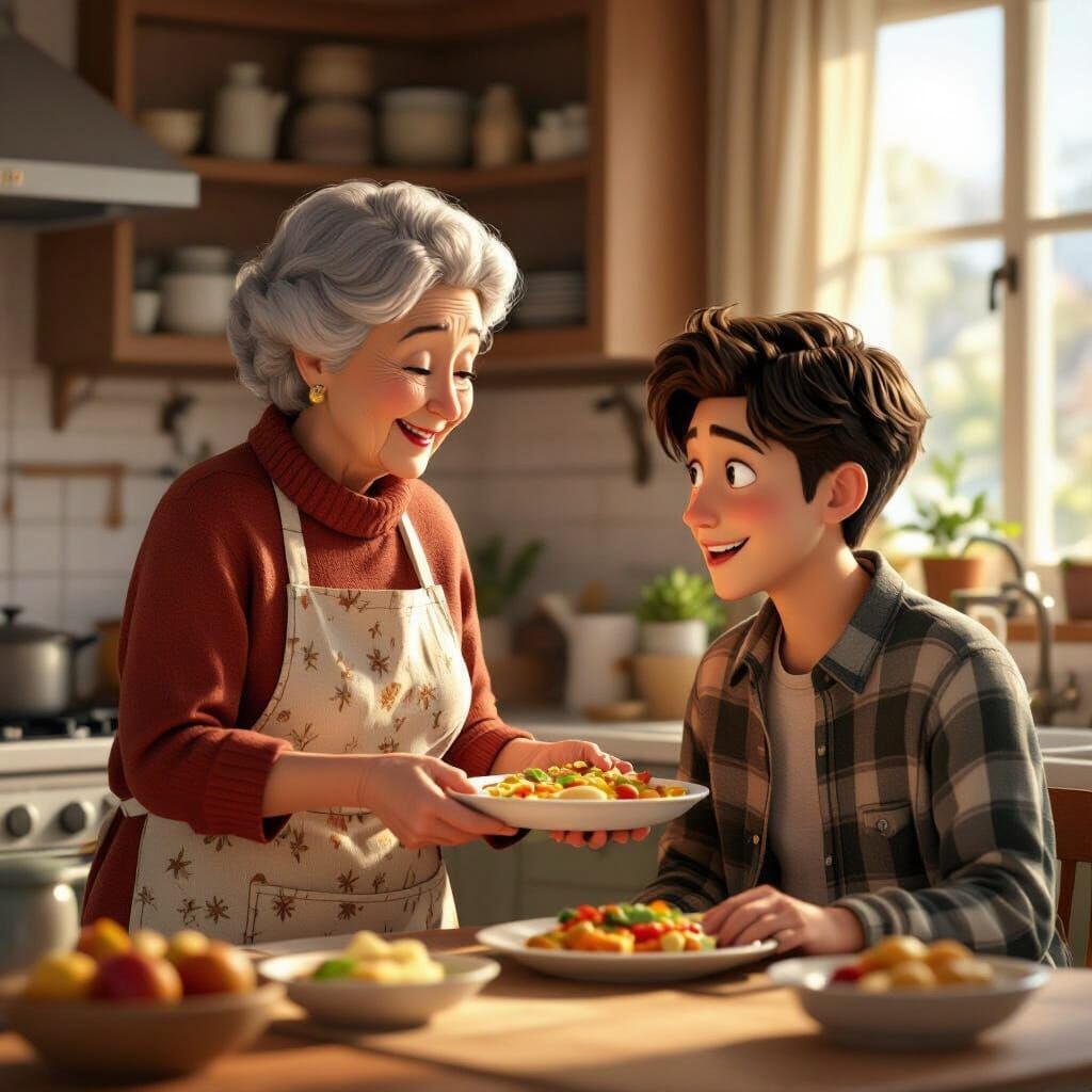 Heartwarming Scene: Elderly Woman Serving Food with Love