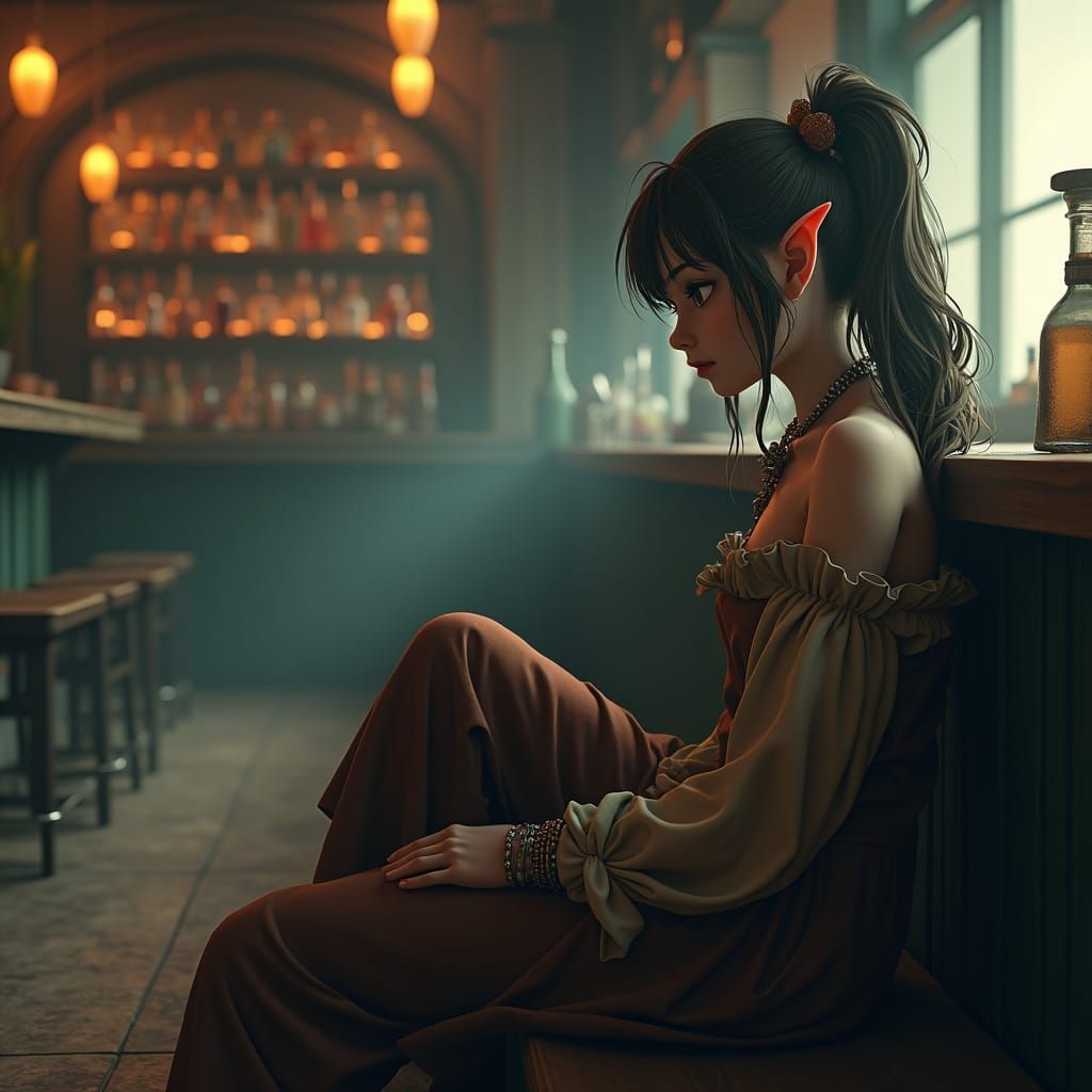 Melancholic Elf in Empty Bar: 3D Anime Art
