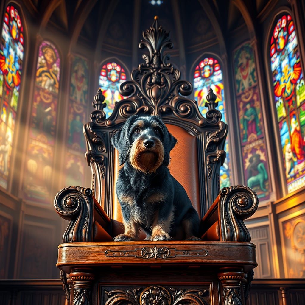 Regal Wirehaired Dachshund on Throne of Carved Oak in Grand ...