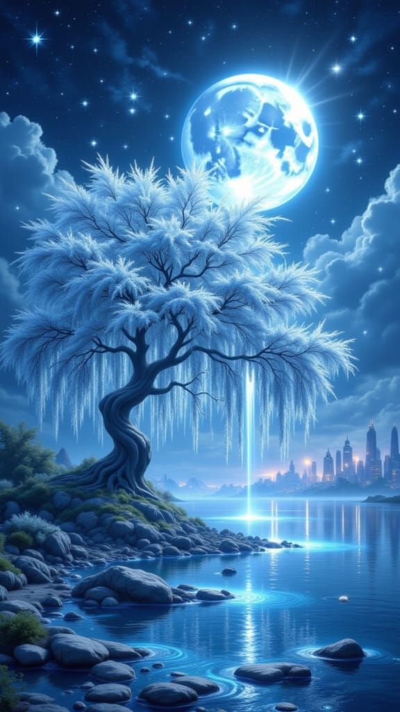 Mystical Willow Tree with Cascading Starlight