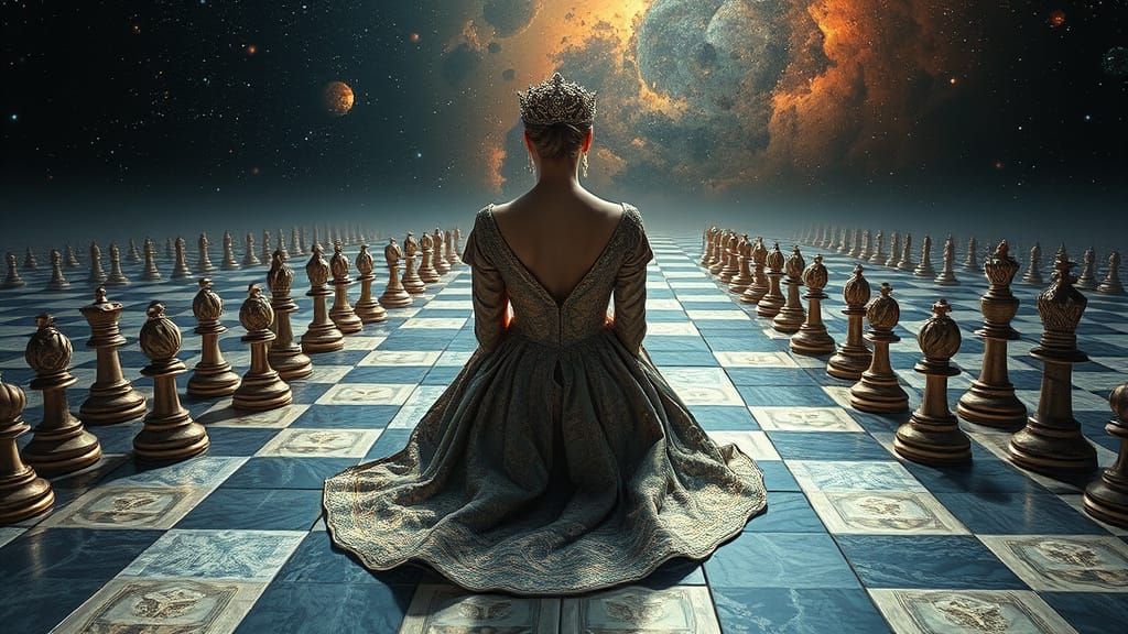 Poised in Contemplation Amidst a Chessboard Cosmos