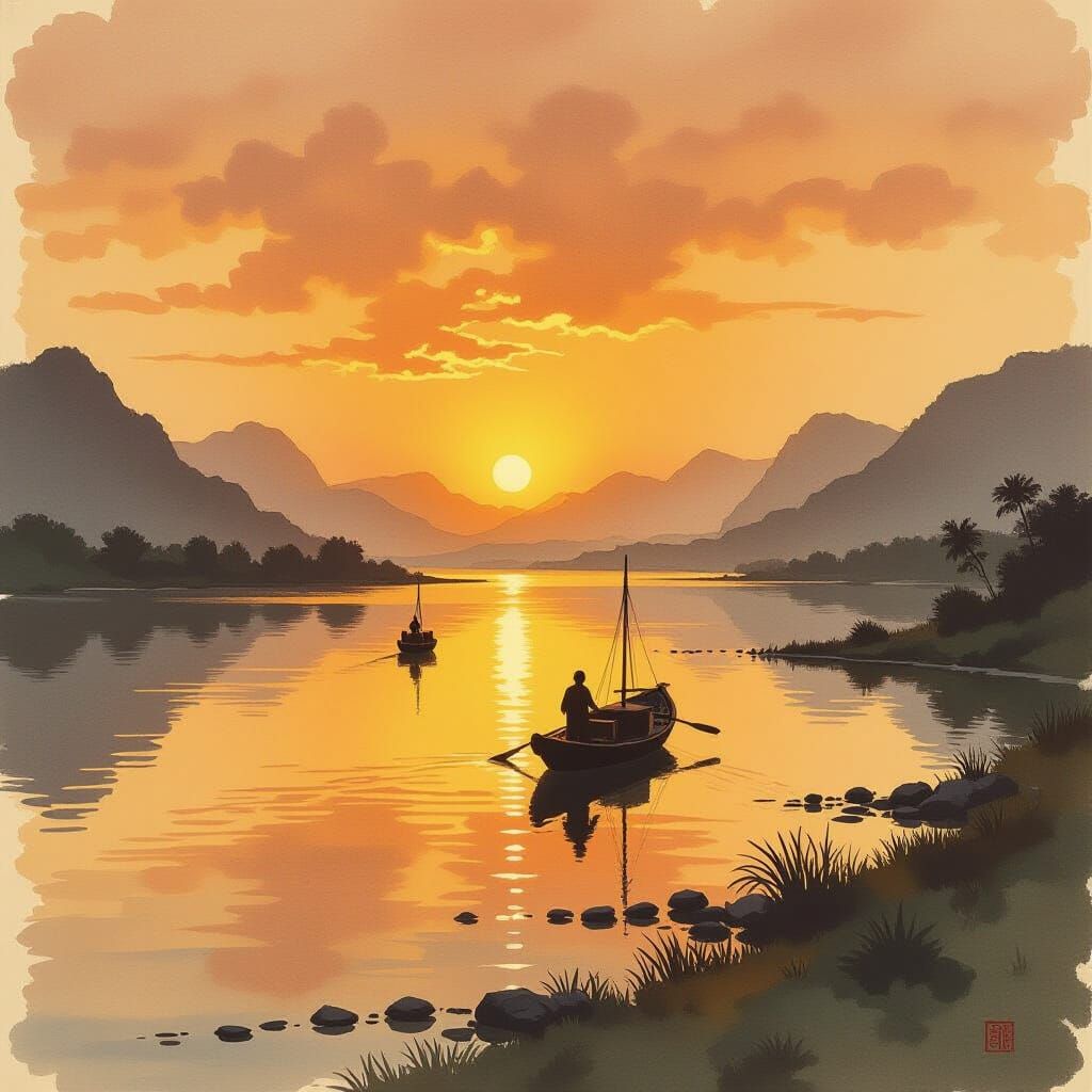 Yangtze River Meets Autumn Sky Sketch with Watercolor Washes