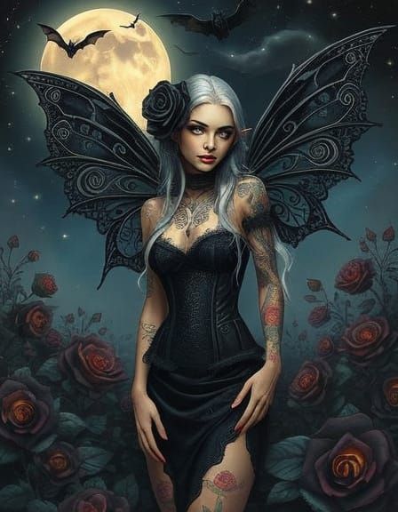 Gothic Fairy with Black Wings in Moonlit Rose Field