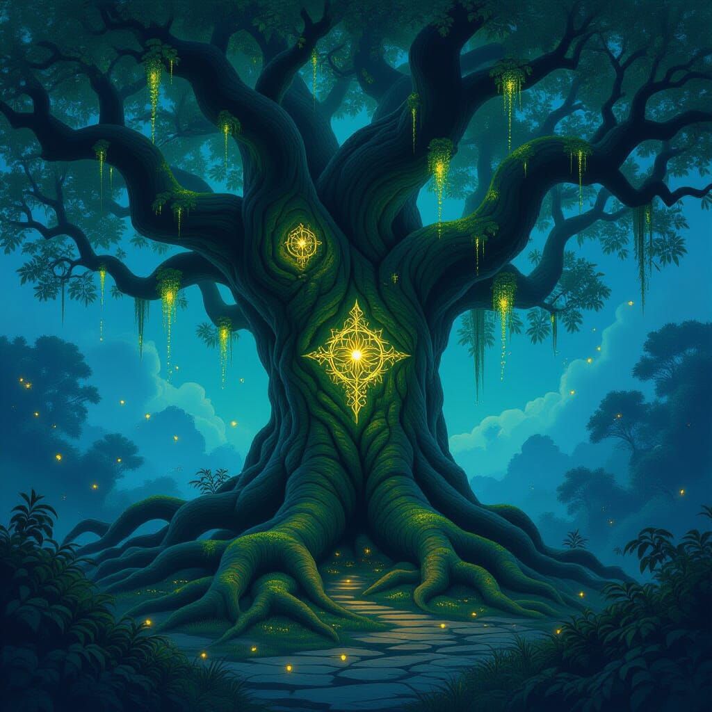 Ancient Tree with Dragon Roots and Glowing Symbols