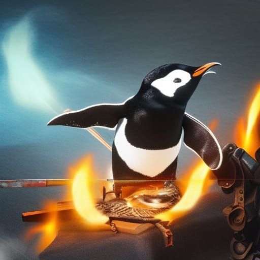 Ninja Penguin with Machine Gun, Digital Matte Painting