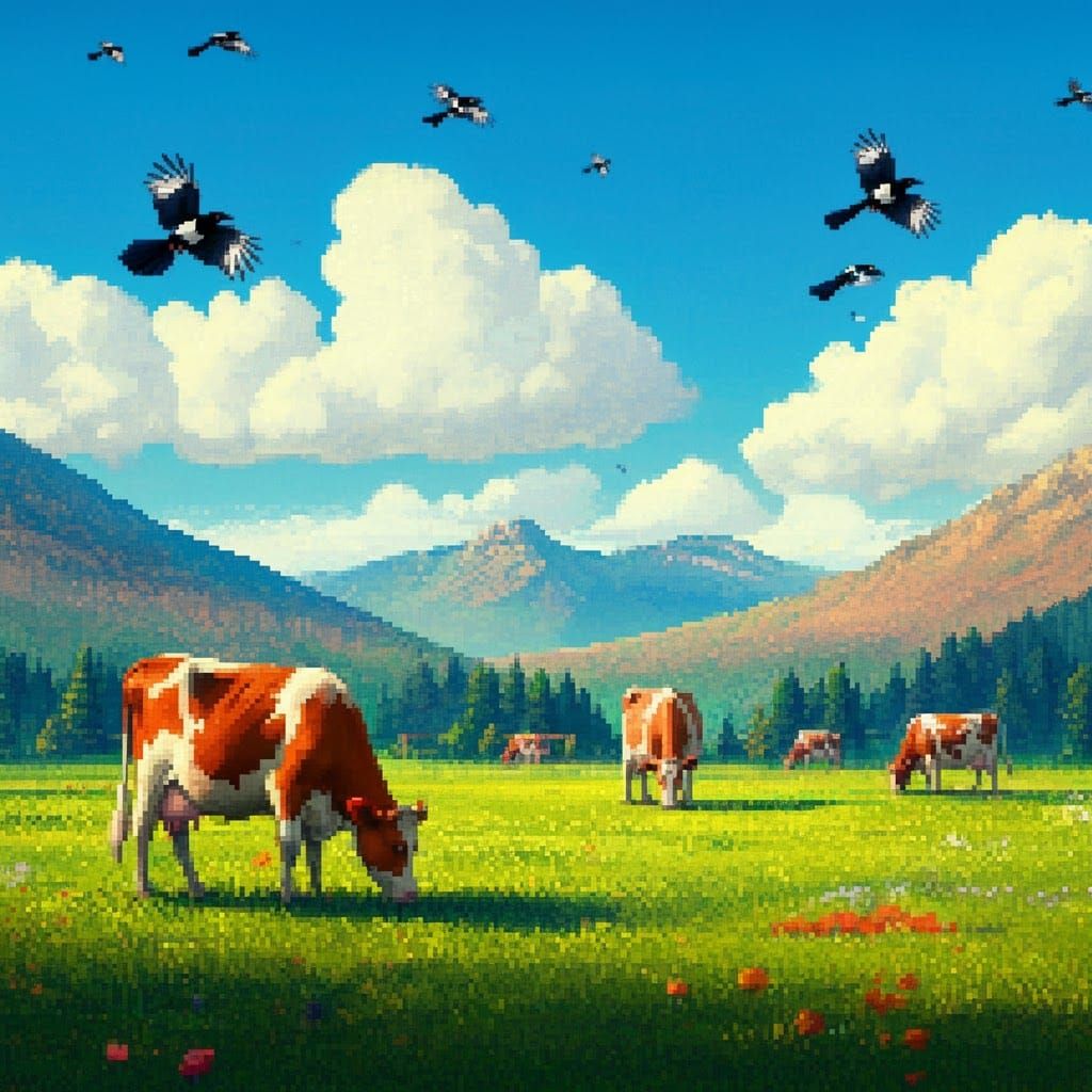 Cows Grazing on Prairie as Pointillism Painting